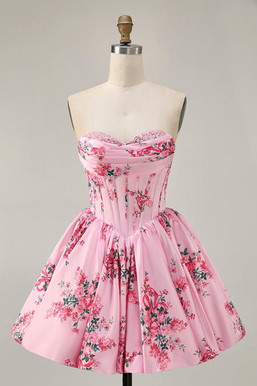 Pink Flower A-Line Strapless Printed Cocktail Dress with Beading